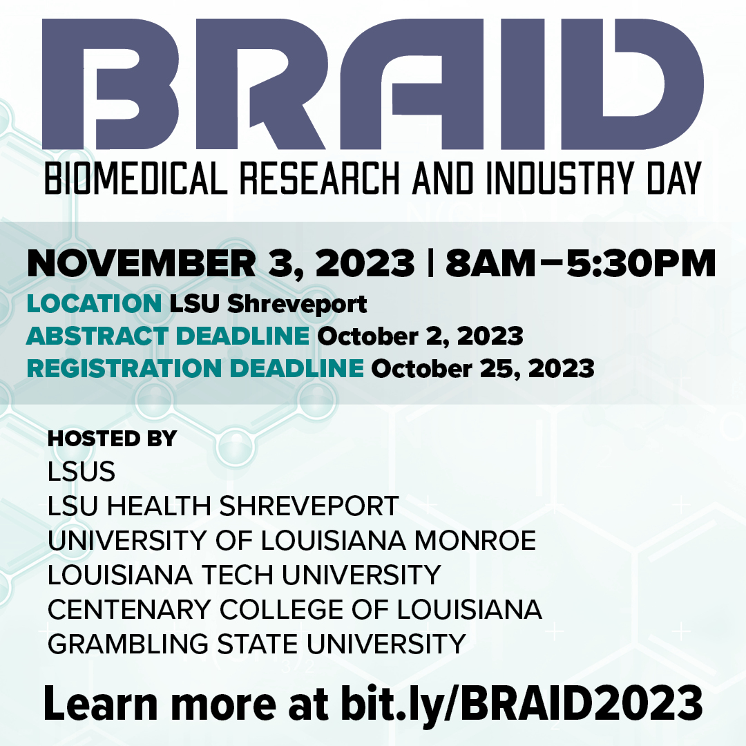 Today is the deadline to register for Biomedical Research and Industry Day ❗️ BRAID will feature talks from scientific and industry experts, a poster presentation, and a networking workshop for students and trainees.🔗Register online at lsuhs.edu/centers/cardio…