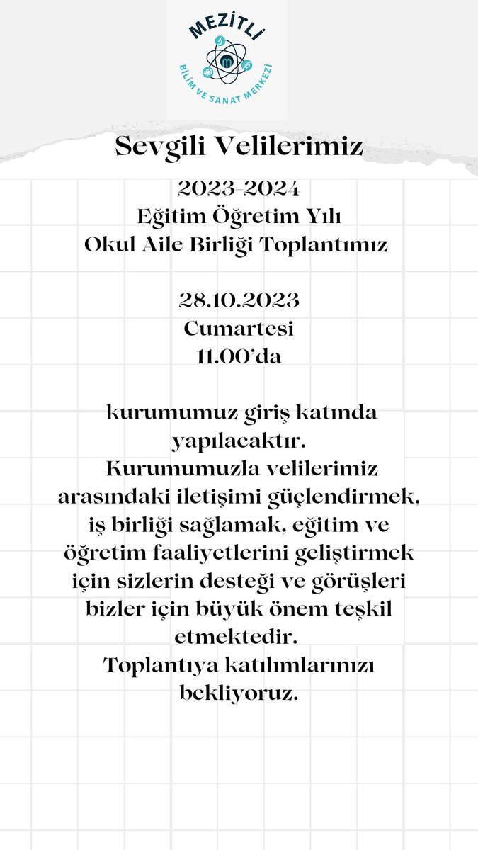 Sevgili velilerimiz, 2023-2024 Eğitim Öğretim Yılı Okul Aile Birliği toplantımız 28.10.2023 Cumartesi günü saat:11.00’da kurumumuz giriş katında yapılacaktır.