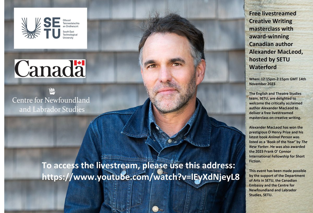 Fiona Ennis (@fionaennis3) on Twitter photo The award-winning author Alexander MacLeod will deliver a creative writing fiction masterclass that will be livestreamed to the public for free from <a href="/setulibraries/">SETU Libraries</a> <a href="/SETUIreland/">South East Technological University</a> on 14 Nov 12:15-2:15pm GMT. Huge thanks to <a href="/canadaireland/">Canada in Ireland</a> <a href="/CanadaIrlande/">Canada en Irlande</a> <a href="/dr_sflynn/">Susan Flynn</a> for their support! The award-winning author Alexander MacLeod will deliver a creative writing fiction masterclass that will be livestreamed to the public for free from <a href="/setulibraries/">SETU Libraries</a> <a href="/SETUIreland/">South East Technological University</a> on 14 Nov 12:15-2:15pm GMT. Huge thanks to <a href="/canadaireland/">Canada in Ireland</a> <a href="/CanadaIrlande/">Canada en Irlande</a> <a href="/dr_sflynn/">Susan Flynn</a> for their support!