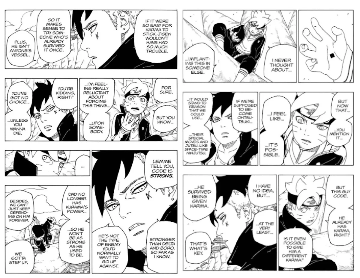 Sora_TBV's tweet photo. Yall think Kawaki might have implanted a karma on someone incase he dies to Code or Boruto ima make a wild guess and prob say mitsuki or someone else we all know that Mitsuki would do anything for Boruto if he had the chance #BorutoTwoBlueVortexChapter3 https://t.co/1YyfLm8isO