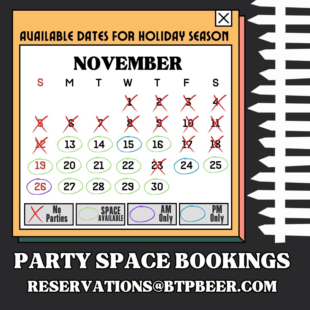 BTPBrewing's tweet photo. Looks like party season is starting to heat up already!
Check out the following calendar dates & don't be left partyless this holiday season. Contact the team today via reservations@btpbeer.com & we will assist with all your event needs.
#party #HolidayParty #workdo #birthday https://t.co/XyXOioESp1