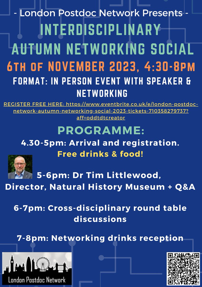 If you would enjoy:
-Listening to the brilliant @phylofacts 
-Networking while enjoying with Free Food &amp; Drinks
-Having cross-disciplinary discussions with postdocs from other backgrounds
Our next event at the Crick is for you! 
Only 25 places left!
Link: lnkd.in/eSNsFnk8