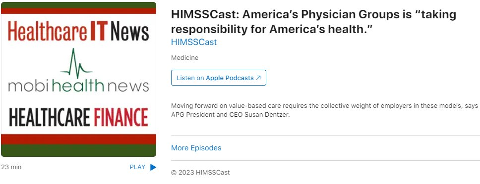 America's Physician Groups (@amerphysgrps) on Twitter photo APG President and CEO <a href="/SusanDentzer/">Susan Dentzer</a> recently spoke with <a href="/susanjmorse/">Susan Morse</a> from <a href="/HC_Finance/">Healthcare Finance</a> about the future of #valuebasedcare and why pushing the needle on VBC will require buy-in from #employers.
#Medicare #MedicareAdvantage #accountablecare
Listen here: podcasts.apple.com/us/podcast/him… APG President and CEO <a href="/SusanDentzer/">Susan Dentzer</a> recently spoke with <a href="/susanjmorse/">Susan Morse</a> from <a href="/HC_Finance/">Healthcare Finance</a> about the future of #valuebasedcare and why pushing the needle on VBC will require buy-in from #employers.
#Medicare #MedicareAdvantage #accountablecare
Listen here: podcasts.apple.com/us/podcast/him…