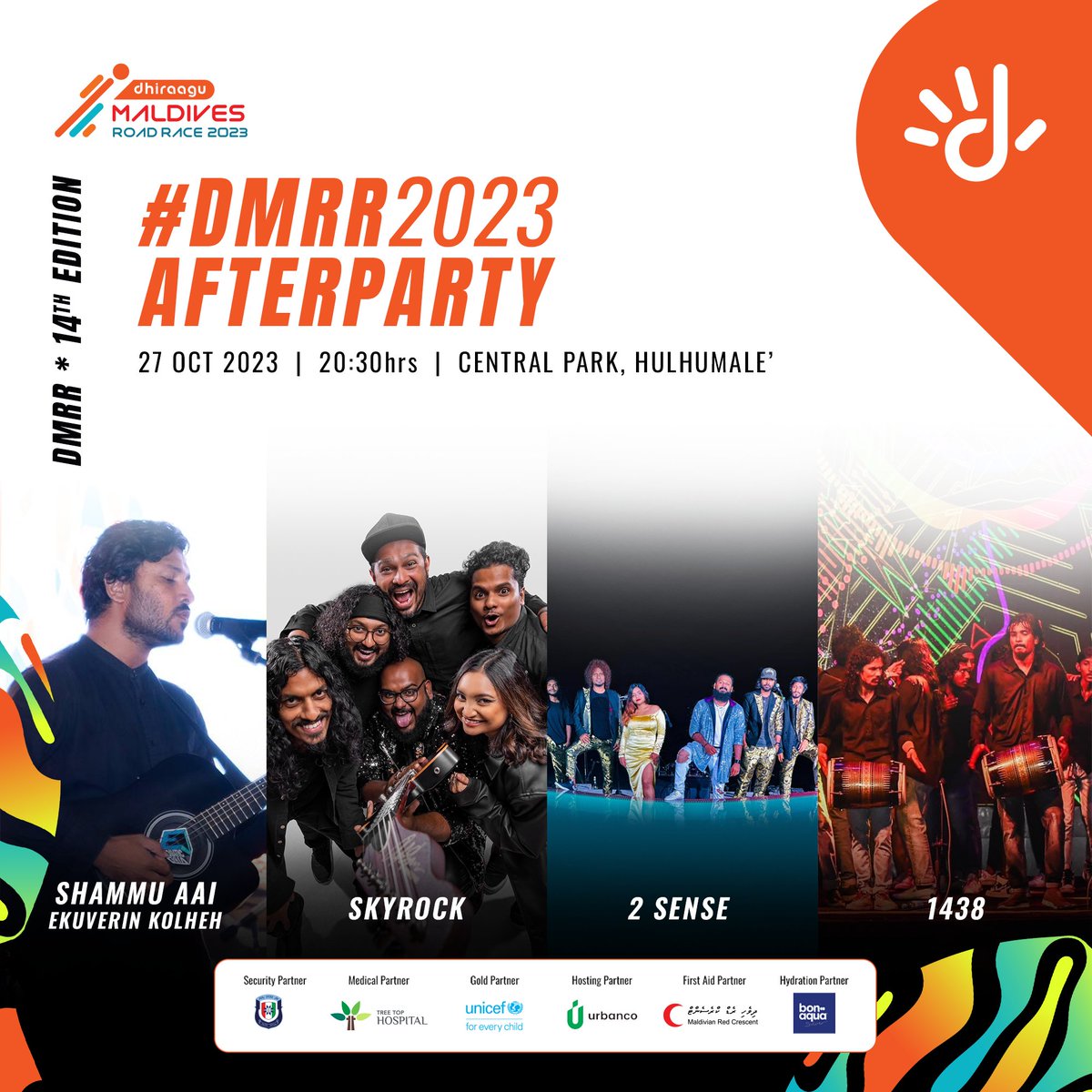 We're excited to announce #DMRR2023 Afterparty, happening this Friday at 8:30pm, Hulhumale' Central Park!

We have an impressive line up, ready to entertain you guys with some great tunes 🎶🧡

<a href="/Shamsu_moon/">ShammOon 🇲🇻🇵🇸</a>
<a href="/SkyRock_Band/">SKYROCK</a>
#2Sense 
#SaadhaThireesAsheh