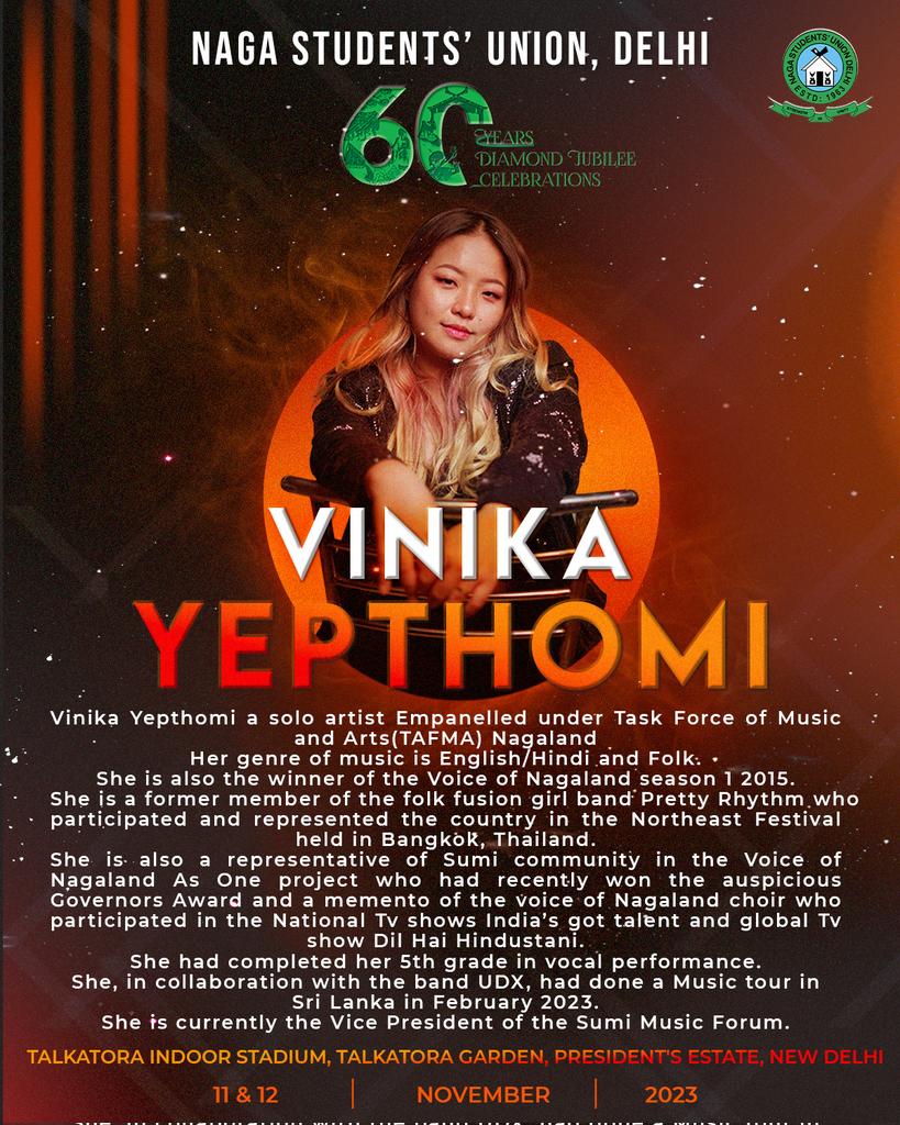 We are delighted to introduce the incredibly talented Vinika Yepthomi, who will be gracing the stage at the Diamond Jubilee Celebrations. Prepare to be enchanted by her soulful melodies.

📍 Talkatora Indoor Stadium
🗓️ 11 November.