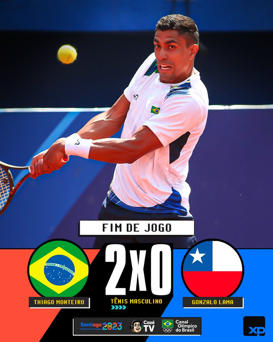 VITÓRIA, BRASIL! 🇧🇷 O @dThiagoMonteiro jogou muita e venceu o chileno Gonzalo Lama por 2x0 no Tênis. PRA CIMA, THIAGO!!! 🎾🔥 #PanNaCazéTV #JogosPanAmericanos #TimeBrasil #Pan #Santiago2023