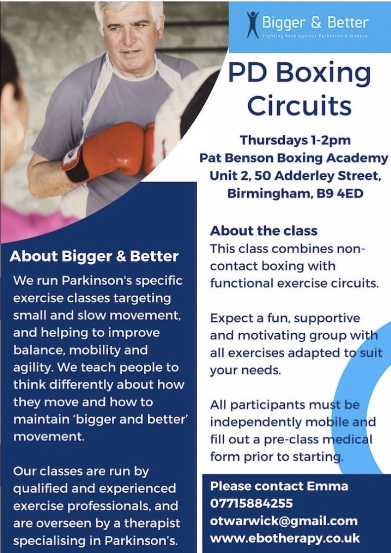 The incredible service “Bigger &amp; Better” has launched its Boxing circuits in the Birmingham area for people living with Parkinson’s and Neurological conditions 🥊 🥊 Targeting balance, mobility, agility and cognition! Amazing 👍🏼
