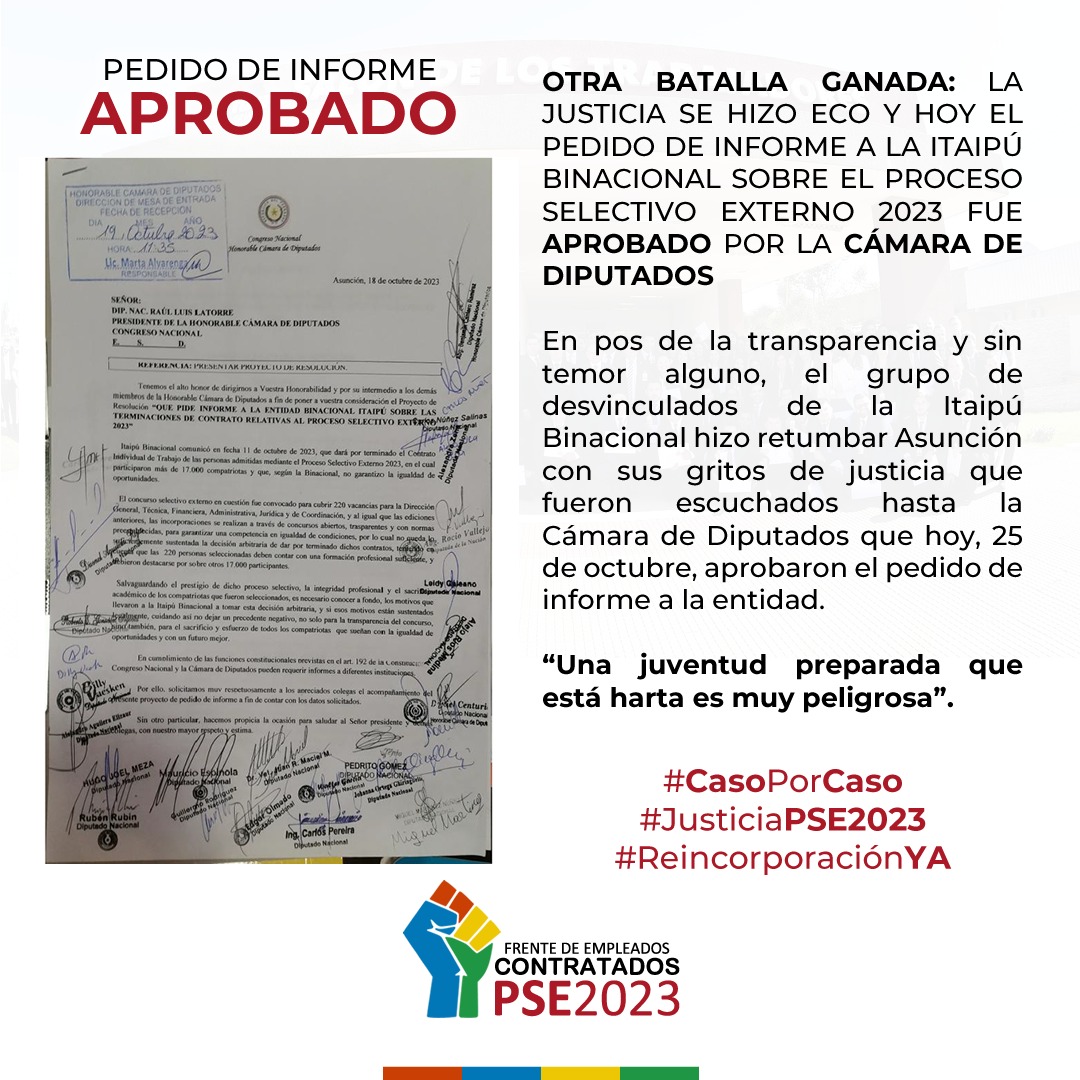 ErikaIRM's tweet photo. Otra batalla ganada: la JUSTICIA se hizo eco y hoy el PEDIDO DE INFORME a la #Itaipú sobre el PSE 2023 fue aprobado por la Cámara de @DiputadosPy #CasoPorCaso #JusticiaPSE #ReincorporaciónYA #Itaipú #ItaipuBinacional @SantiPenap @LetiOcamposP @ABCDigital @enioverri @MTESS_PY https://t.co/YT2m7Nq0iD