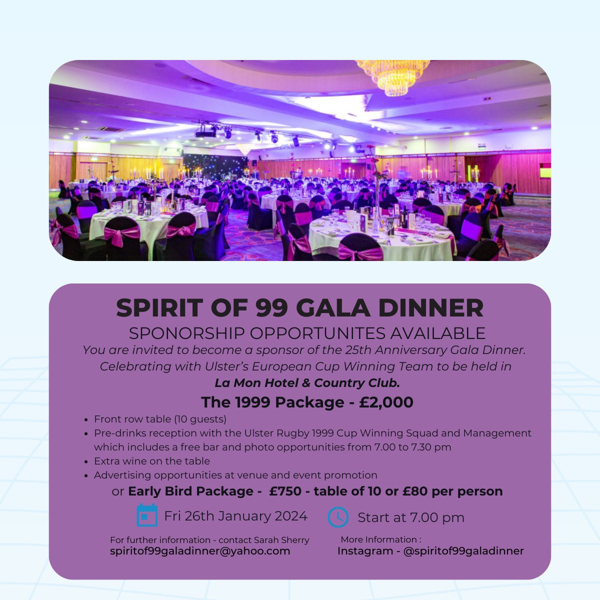 SarahSherry1's tweet photo. SPIRIT OF 99 GALA DINNER
YOU are invited to become a sponsor of this 25th Anniversary Gala Dinner. 
Join Ulster’s European Cup Winning Team in La Mon Hotel as they celebrate their win 25 years ago.  
PM me for further details 
#sponsorship #businessnetworking #advertising #event https://t.co/4kkOiVtZtK