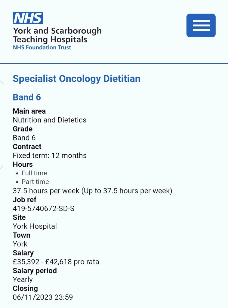 ⭐⭐JOB OPPORTUNITY⭐⭐ We @YorkTHDietitian have a Specialist Oncology Dietitian (band 6) post advertised to cover a maternity leave. Could this be the job for you? 👀👉jobs.nhs.uk/candidate/joba… @SallyAnnRichar2 @DrSarahBaker @julie_hannahRD @BDA_Oncology @YS_AHPs @BDAyorkshire