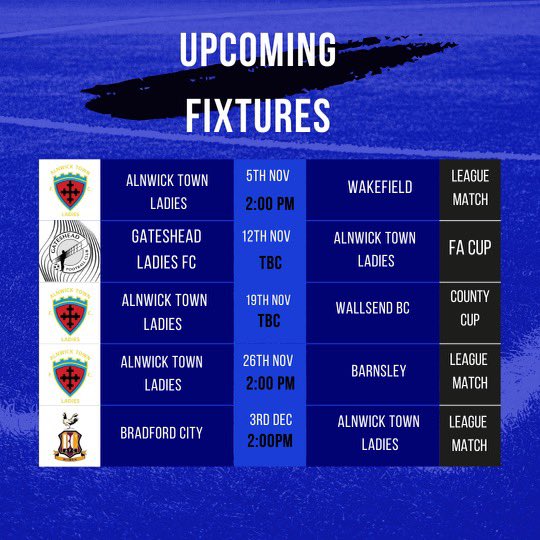 ‼️ UPDATED Fixtures ‼️ 

❌ No game this Sunday ❌ 

Our next game will be at home on Sunday 5th November against Wakefield. 

#Alnwicktownladies ⚫️⚪️