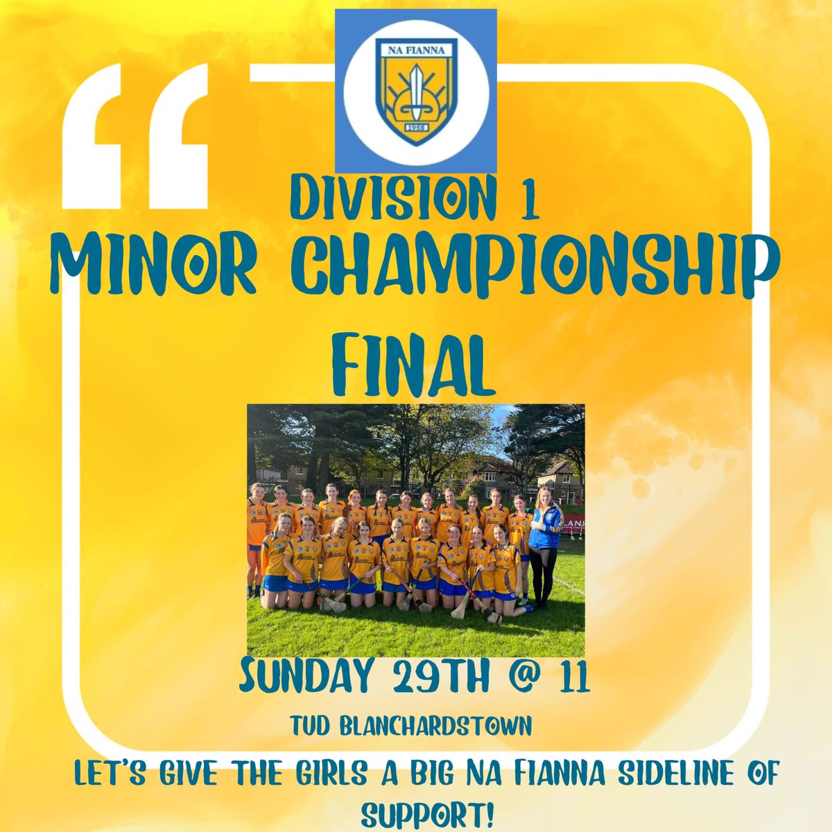 clgNaFianna's tweet photo. Looking for big support for the Camogie girls on Sunday before we all head to Parnell Park.
Division 1 Minor Championship Final
TUD Blanchardstown 11am
🟨🟦🟨🟦🟨🟦🟨🟦🟨🟦🟨🟦
@clgNaFianna v @Bodengaa 
🟨🟦🟨🟦🟨🟦🟨🟦🟨🟦🟨🟦
Let's have a huge Na Fianna sideline https://t.co/pYpX760VPO
