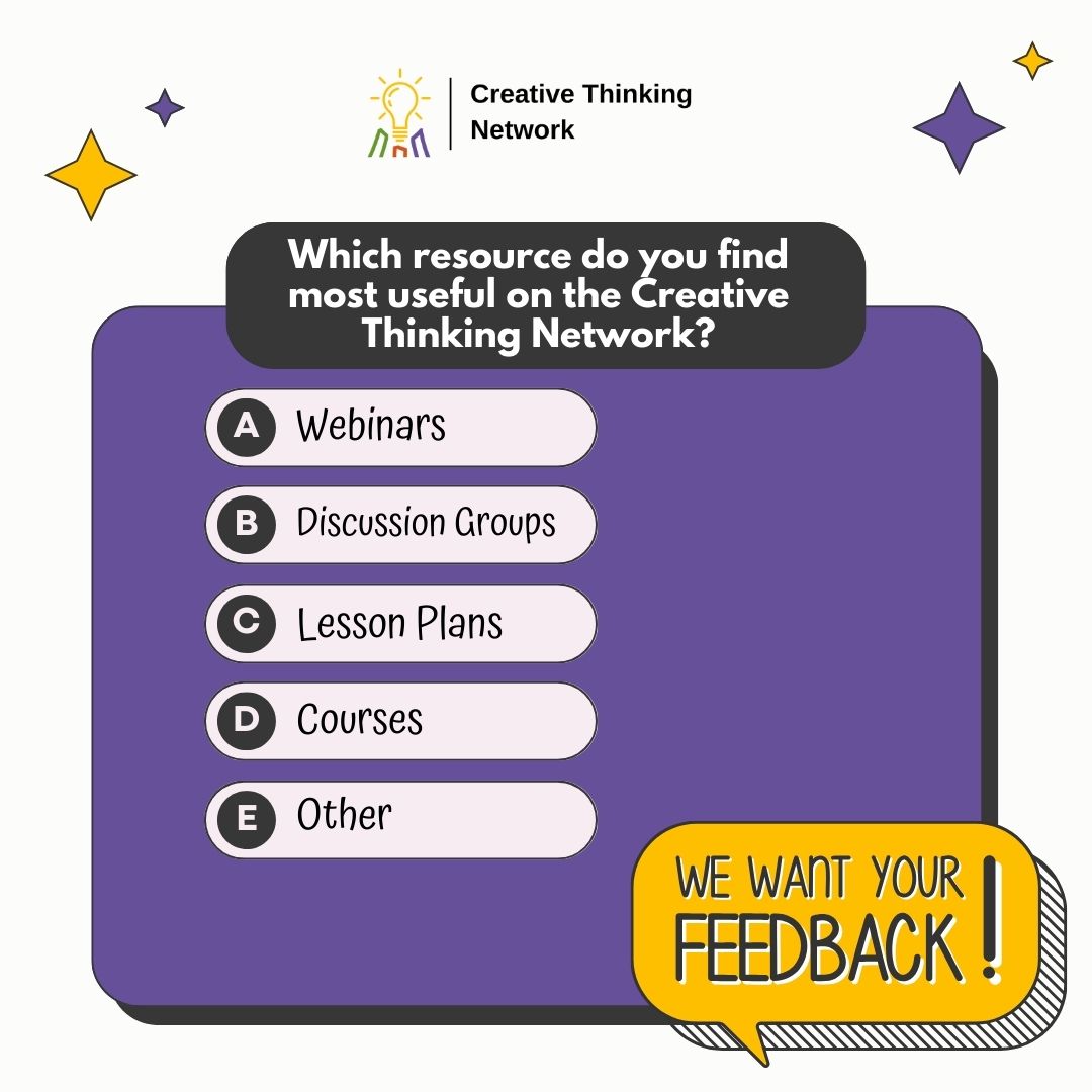 CtnEducators's tweet photo. We value your input! 🤔 

Which resource fuels your creativity the most on Creative Thinking Network? 

A) Webinars 
B) Discussion Groups 
C) Lesson Plans 
D) Courses 
E) Other. 

#EducatorPoll #ResourceFeedback #EngageWithCTN #HaveYourSay https://t.co/aVbGPgZTkk
