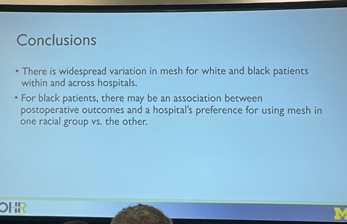 EstherJiinOh's tweet photo. @stankalatamd @AndrewMIbrahim @susieQP8 @bfry04 @MSQC_COHR @emilyelisaevans @MeganJaneway @DrJohnScott @sherrithumma @MSU_Osteopathic @UMichCHOPFellow @chriswreynolds @alkappelman @UMichSurgery @SerenaBidwell @UMichMedSchool Last but not least from @MSQC_COHR! 👏 Alex Hallway dives into the racial disparities in mesh use for hernia repairs. Found big variations across hospitals and a link between mesh use favoring white patients and lower complications for black patients. EYE-OPENING!!! 📊 https://t.co/Su2XJDX6Us