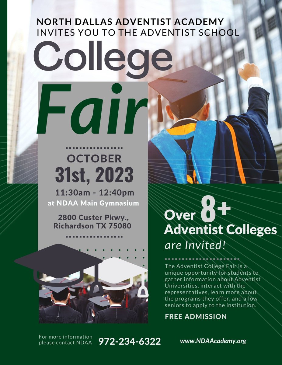 🎓 Join us for the Adventist College Fair 2023! 📅 Mark your calendars for Tuesday, Oct 31, from 11:30 AM to 12:40 PM. Discover your path to higher education with the NDAA. 📚 #AdventistCollegeFair #HigherEducation #NDAA2023