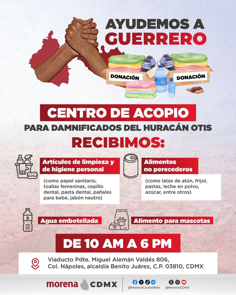 Sebas_RM's tweet photo. Nuestro centro de acopio estará ubicado a partir de mañana en Viaducto Presidente Miguel Alemán 806, colonia Nápoles de 10 AM a 6 PM.

Somos una Ciudad solidaria, apoyemos a nuestros hermanos y hermanas guerrerenses en este momento tan difícil. https://t.co/iubnhKh5Cp