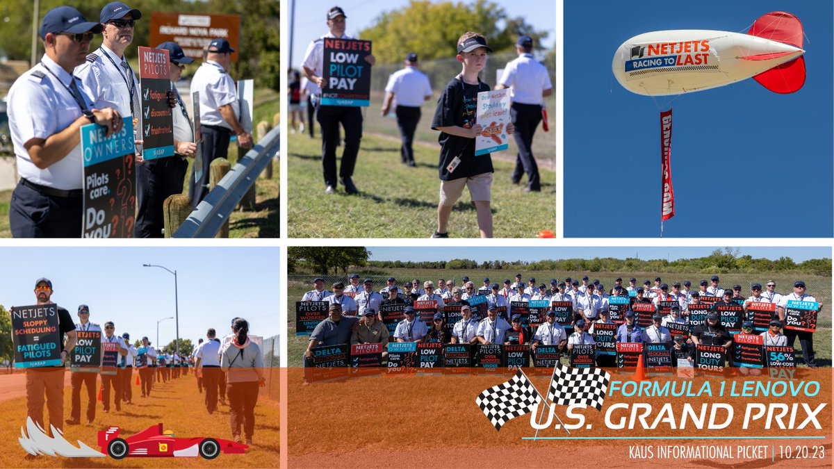 NJASAP's tweet photo. Last Friday, +60 members picketed in conjunction with the #F1 #AustinGP to urge #OnlyNetJets to compete in the race for pilot talent. Kudos to all those to who attended NJASAP’s 15th scheduled picket of 2023. | Photos: https://t.co/Pb7YpoDOoD | https://t.co/7INCopj8mm https://t.co/Kr6YuS8DRf