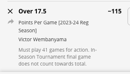Last add to the futures card for me -- Wembanyama to average OVER 17.5 PPG (1u) -- must play 41 games for action.

Won't be writing a futures article this year, so you have to listen to <a href="/UnreasonableOdd/">Unreasonable Odds Podcast</a> podcast below for my full card: