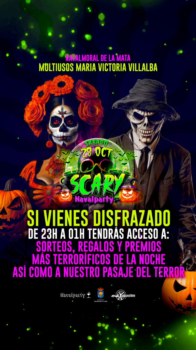 👻 ¿Tienes ya listo tu disfraz? 👻 

Si es así ✅ acude al Multiusos 🏟️ entre las ⏰ 23:00 y la 1:00 ⏰ para disfrutar de:

- Concursos ⁉️
- Retos 🆘
- Por equipos o parejas 👯‍♂️
- Para pasarlo genial 🎡
- Pero sobre todo…. ganar premios 🎁 

😈 N O   T E   L O   P I E R D A S  😈