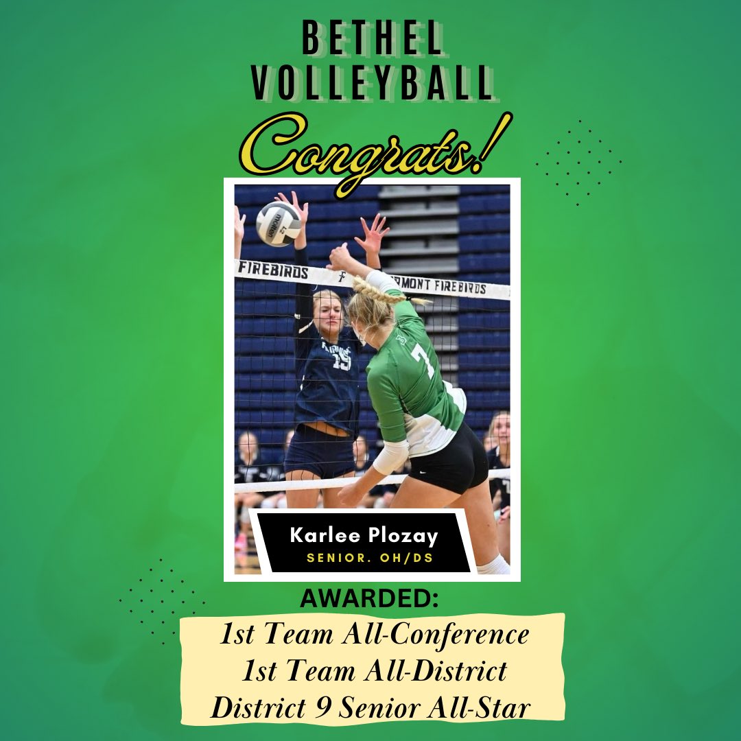 bethelbeesVB's tweet photo. CONGRATS: Karlee Plozay on receiving 1st Team All-Conference, 1st Team All-District, and District 9 Senior All-Star‼️‼️ https://t.co/F5e9uym2eH