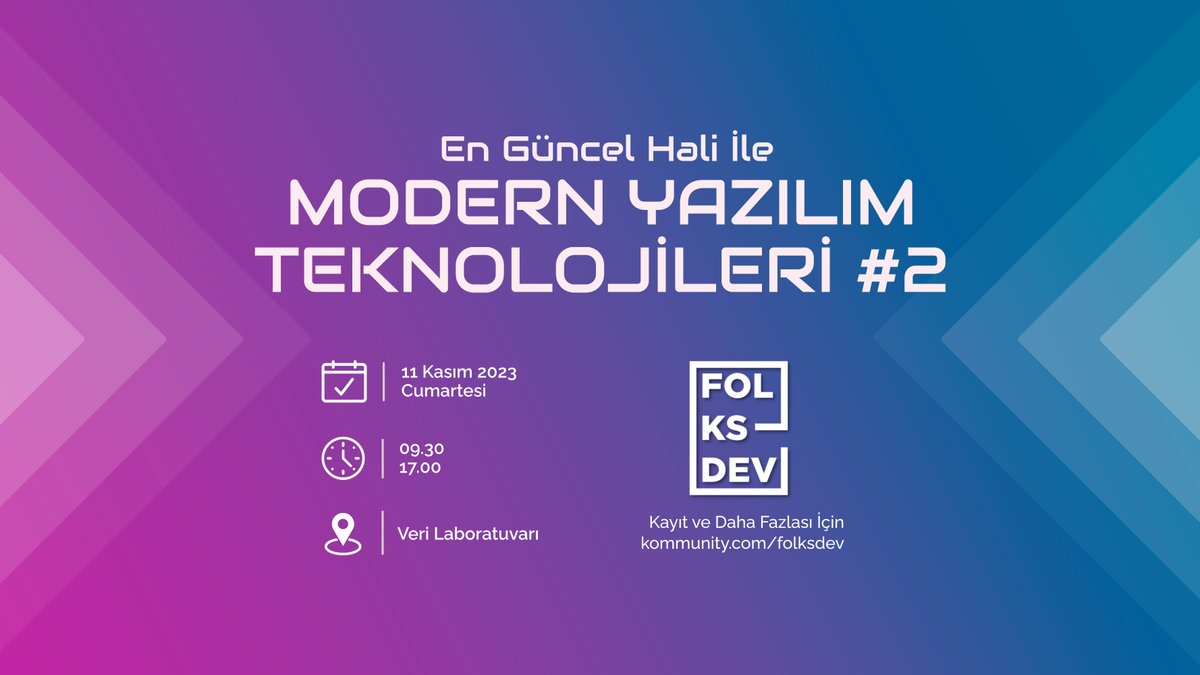 📢 Hey Folks! 11 Kasım'da @VeriLablst'da gerçekleştireceğimiz 'Modern Yazılım Teknolojileri #2' etkinliğimize hepiniz davetlisiniz! Bu muhteşem etkinlikte, birbirinden değerli 4 değerli sunum ve network genişletme fırsatları sizi bekliyor! Detaylar için 👇