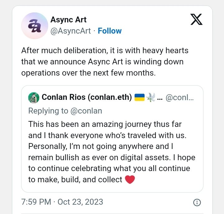 Soheil_SBabaei's tweet photo. The creator platform, #AsyncArt, is #bidding farewell to the #Web3 community. On Oct.23, the #Async Art team announced its forthcoming closure, with operations set to wind down over the next few months.
#NFT https://t.co/20wo1BYQnB