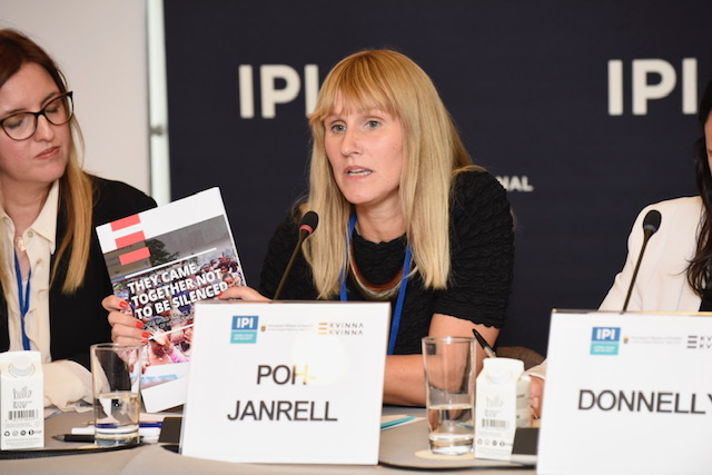 @JessicaJanrell of @KvinnaKvinnaINT outlines a report on the cases of Bosnia & Herzegovina, the Democratic Republic of the Congo, Iraq, & Ukraine: Where states have been unable to provide a response to GBV, local women's organizations have been essential in bridging the gap