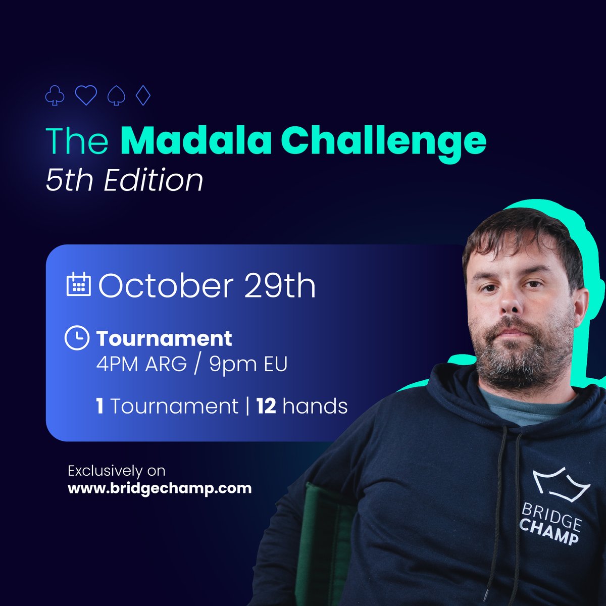 bridge_champ's tweet image. 1 TOURNAMENT, 12 HANDS.

Join us for a new edition of the #MadalaChallenge⚔️

🃏 Exclusively at bridgechamp.com

#BridgeChamp #BridgeGame #BridgeCommunity #BridgeLife #BridgePlayers #BridgeOnline #OnlineBridge