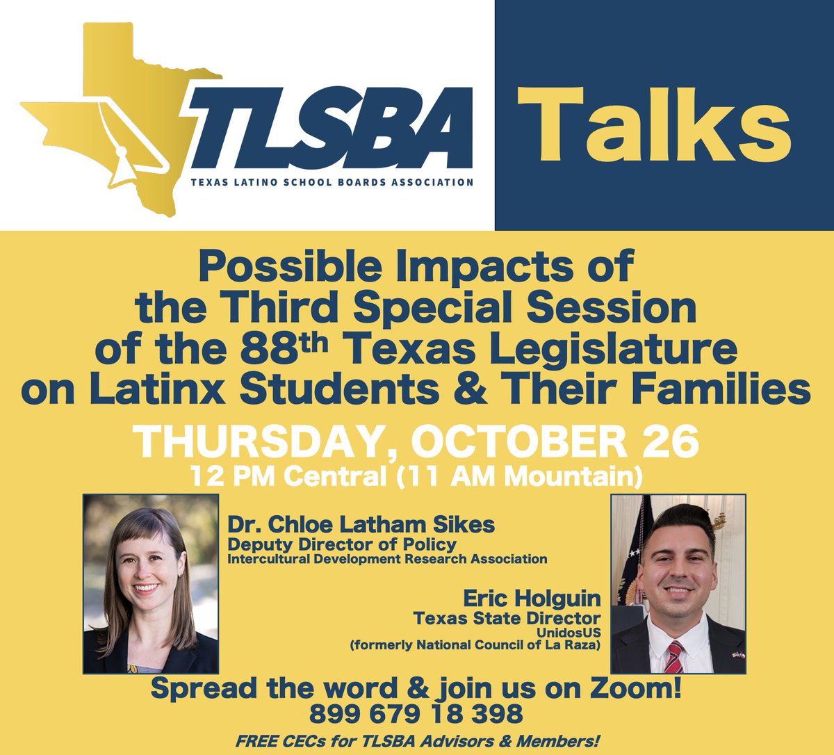Spread the word &amp; join us for our next #TLSBAtalk at noon CDT tomorrow with Dr. <a href="/CSikesRun/">Chloe Latham Sikes</a> of <a href="/IDRAedu/">IDRA</a> &amp; <a href="/EricHolguinTX/">Eric Holguín 🟧</a> of <a href="/WeAreUnidosUS/">UnidosUS</a>!