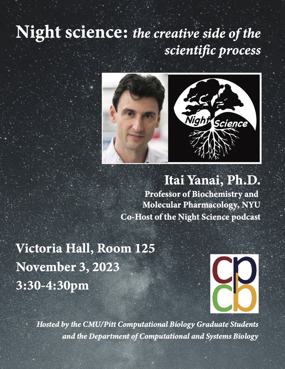 compbiopitt's tweet photo. Join us and @CMUPittCompBio 11/3 for this exciting talk from Itai Yanai, cohost of the Night Science Podcast! https://t.co/n6fi4a58Po https://t.co/EFcaOZqygy