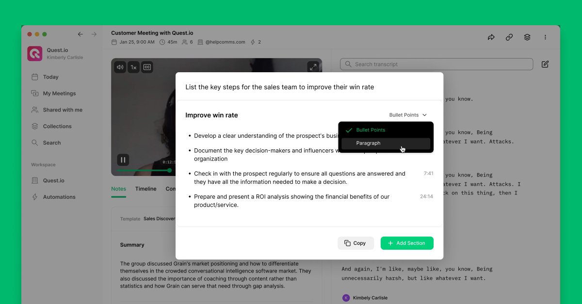 🥁 ChatGPT for Your Meetings

Just like with ChatGPT, you can use prompts to ask questions about your meetings. Grain AI will provide answers based on the conversation. 

Customize the answer format to match your specific needs. 

#ChatGPT #AI #Meetings