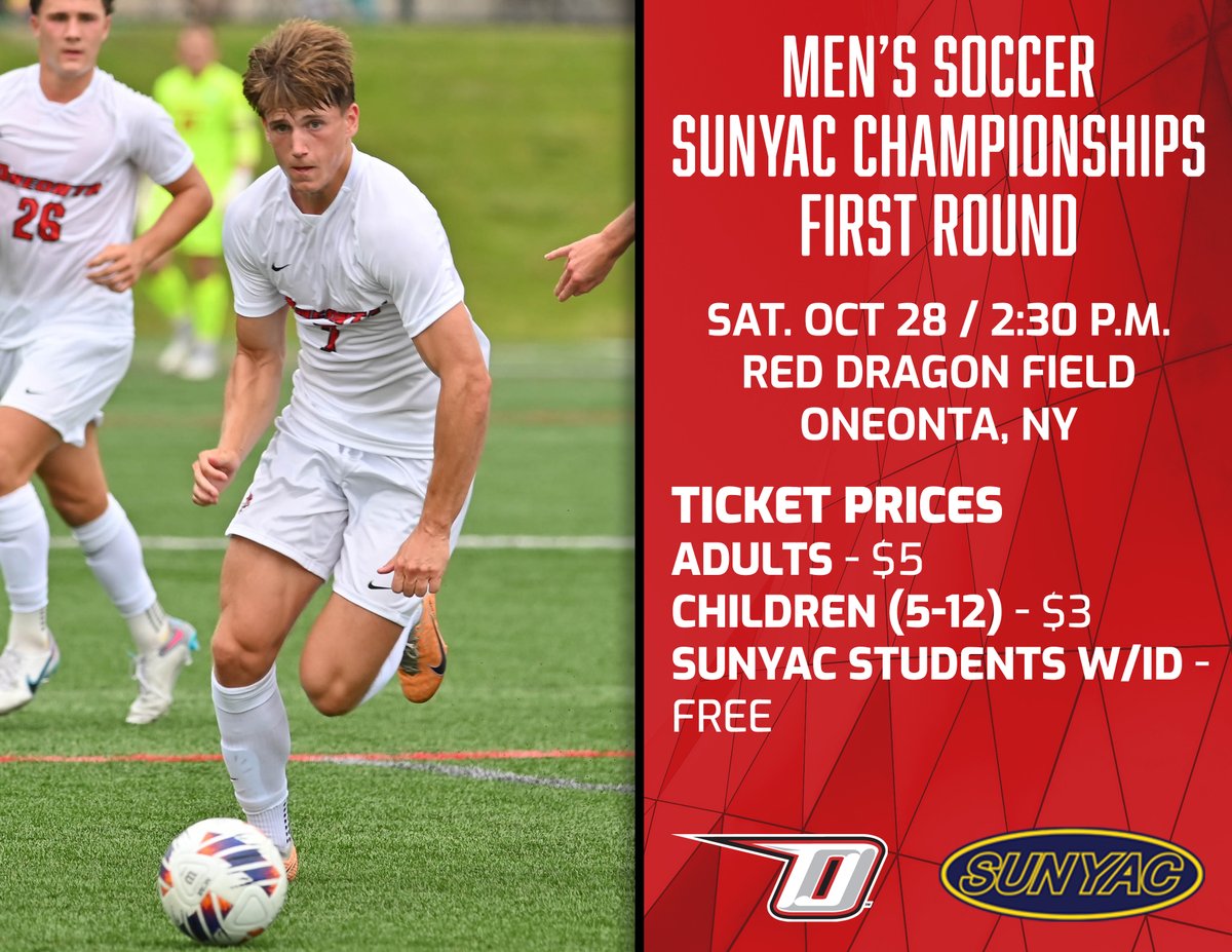 This Saturday! Come out Red Dragon Field and support <a href="/Oneonta_MSoccer/">Oneonta Men's Soccer</a> in the SUNYAC Championship first round game against Geneseo! #HereWeGoO #d3soccer