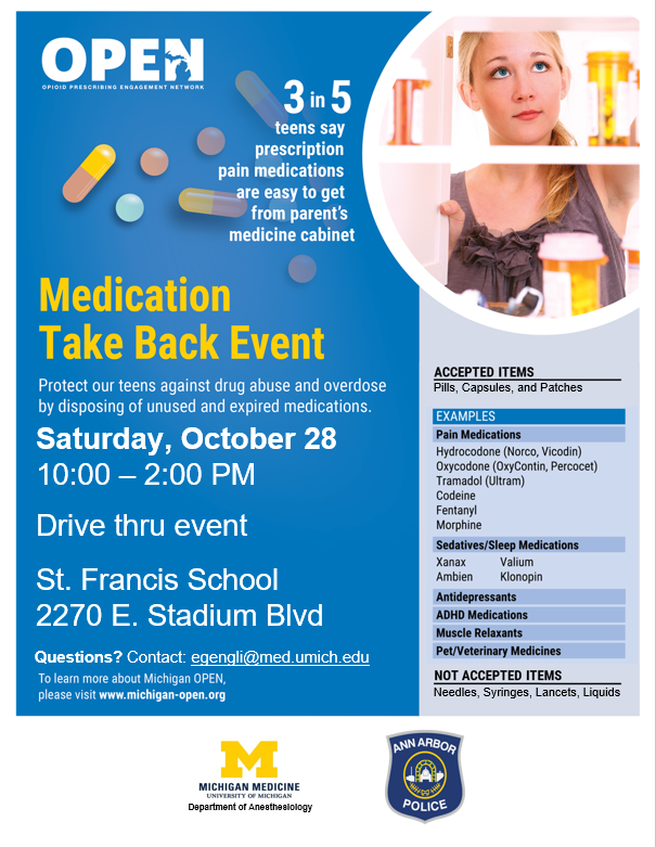 Join @michigan_open this Saturday in communities throughout Michigan — including Ann Arbor — for their next Medication Take Back Event. Dispose of unused meds safely and conveniently. Learn more: michmed.org/YkMmw