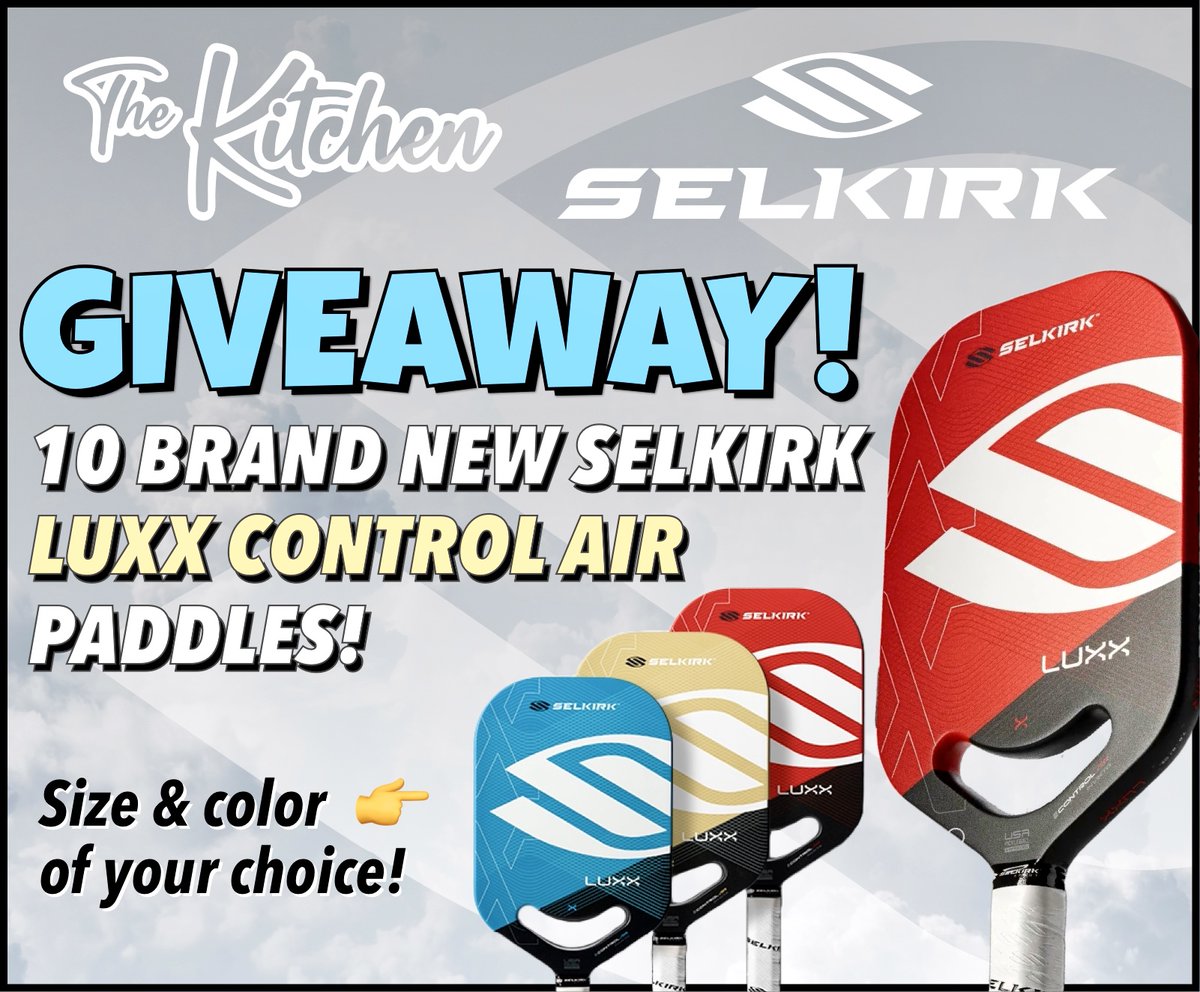 GIVEAWAY — 10 Selkirk Luxx Pickleball Paddles 💎
 
We are excited to partner with Selkirk to give away 10 of their BRAND NEW Luxx pickleball paddles! Winners get to choose size and color. ⚡️ 

- FOLLOW STEPS 1-4 BELOW TO ENTER -
1. FOLLOW 👊
<a href="/TheKitchenPB/">The Kitchen Pickleball 👨🏻‍🍳</a>
<a href="/SelkirkSport/">Selkirk</a>  
2. TAG a