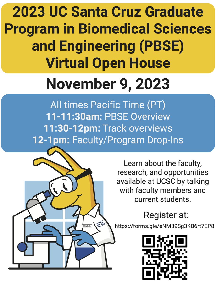 Interested in an advanced degree in the biomedical sciences and engineering? Check out our virtual open house from 11am-1pm PST on November 9! 

Register at forms.gle/eNM39Sg3KB6rt7…