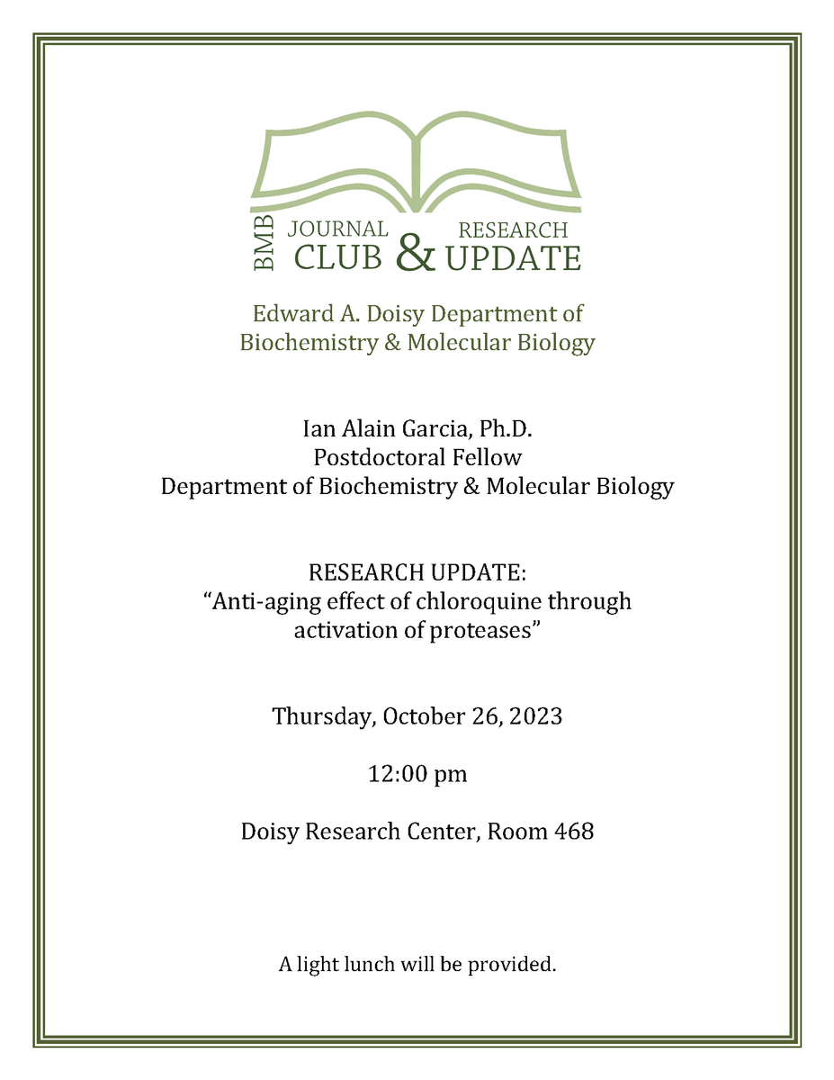 Please join us for BMB Journal Club on October 26 at 12 pm, for a Research Update by Ian Alain Garcia, Ph.D., Postdoctoral Fellow in <a href="/gonzalo_lab/">Gonzalo’s Lab</a>. <a href="/SLUbiochem/">SLU-SOM Biochemistry & Molecular Biology</a> <a href="/slusom/">SLU Medicine</a>