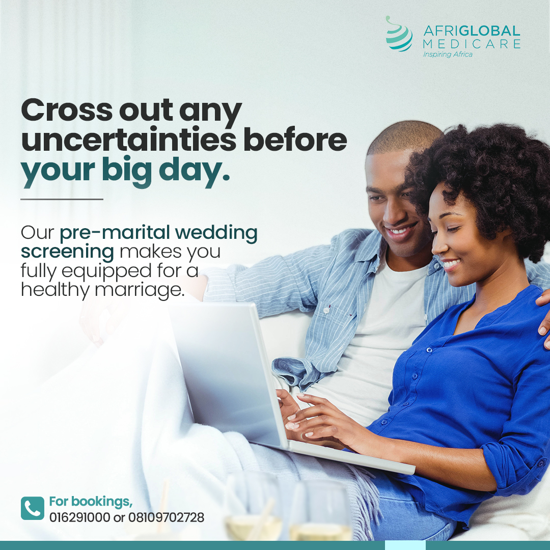 To book your pre-marital screening, call 016291000, 016290998 or walk into any of our test centres.

#AfriglobalMedicare #PreMaritalScreening #AML #DiagnosticCenterInNigeria