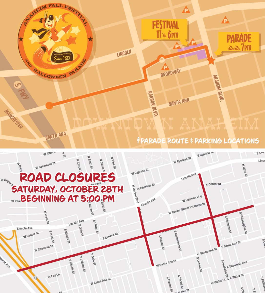 The Anaheim Halloween Parade returns this Saturday! These roads will be closed going both directions: 🚫 Broadway, Olive to Manchester 🚫 Harbor, Lincoln to Santa Ana 🚫 Anaheim Blvd, Lincoln to Santa Ana St