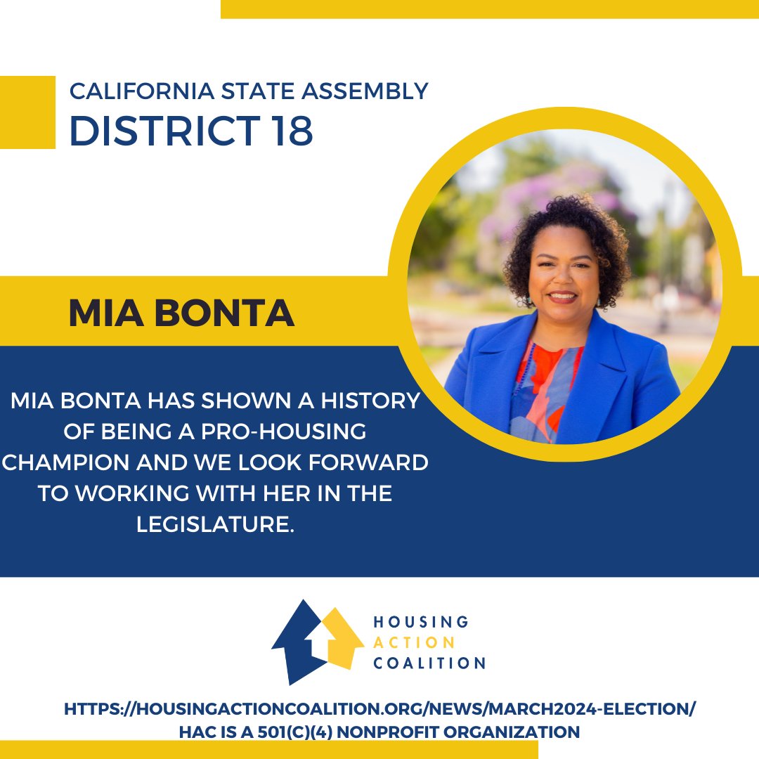 The Housing Action Coalition is proud to endorse @AsmMiaBonta for re-election!