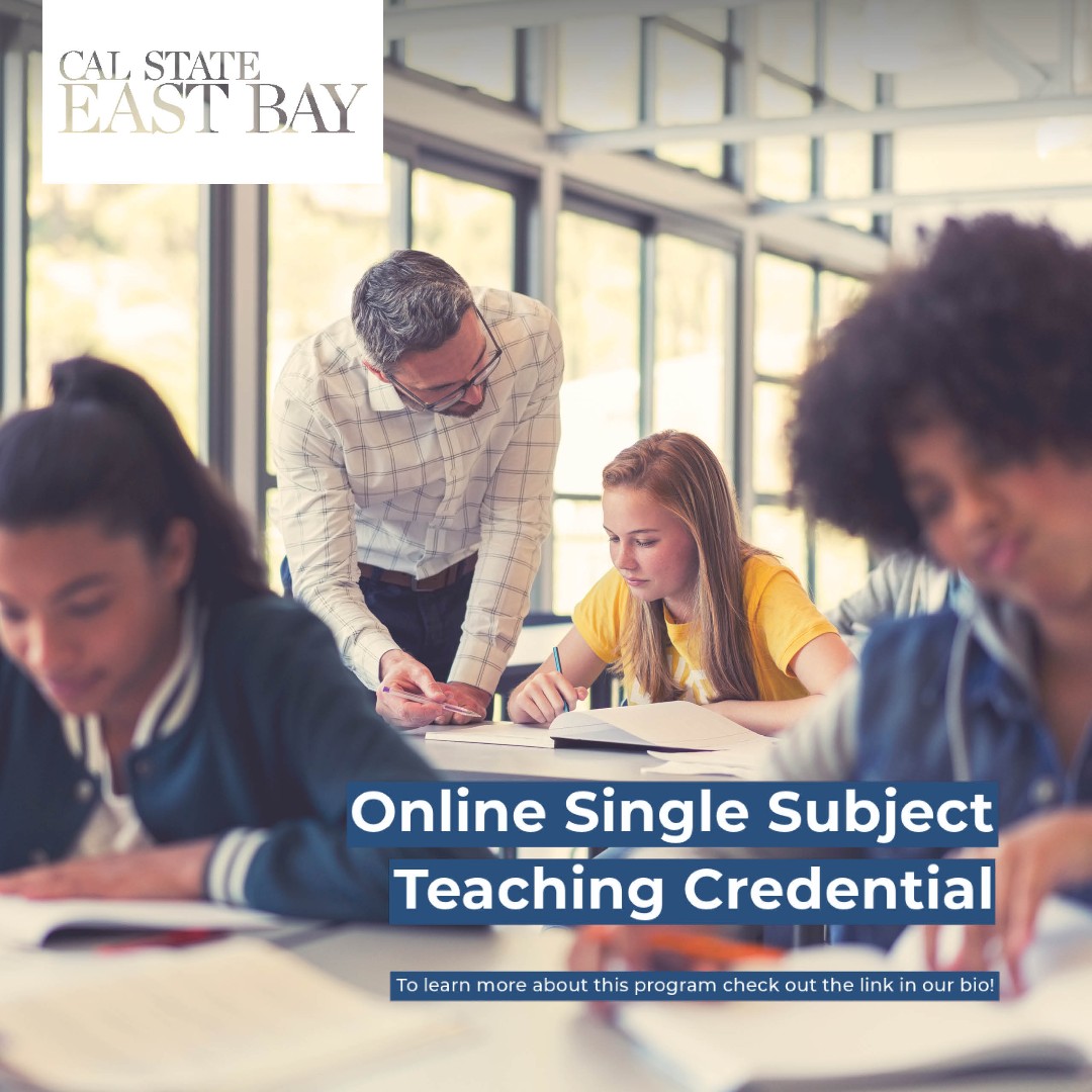 CSUEBContEd's tweet image. Ready to become a #teacher? Cal State East Bay&apos;s Online Single Subject #TeachingCredential is perfect for those with a bachelor&apos;s degree! Get the #skills you need to bring your knowledge and passion to the middle and high school classrooms. ow.ly/lp4250PRleW