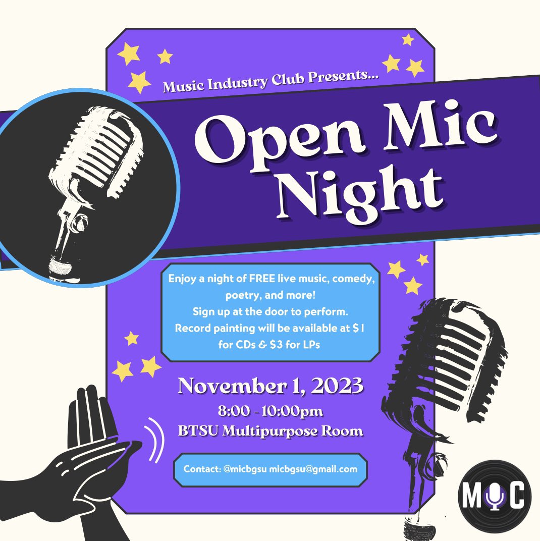 MICBGSU's tweet photo. Our next open mic is in just ONE WEEK! 😧🎶 Join us in the BTSU Multipurpose Room on November 1 for a spooky night of free live music, comedy, poetry, and more. Halloween costumes or dressing up like an artist are highly encouraged. 🎃👻
See you there! 🤗 https://t.co/qBOtOUWeE6
