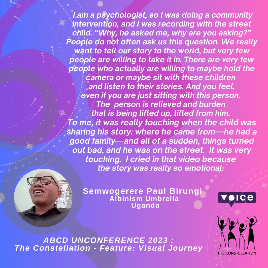 In The Constellation Visual Journey project community members take the camera and microphone in their own hands. Listen to Semwogerere about what this means for him.
#VisualJourney #listening #salt-clcp #ABCD #Unconference #10DaysInAction #BigConvos
