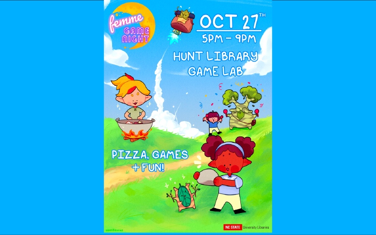 FRIDAY NIGHT gaming and community—and pizza too! Come to Femme Game Night to play cozy games in an inviting, inclusive atmosphere. 
⁠
Oct. 27, 5-9pm in the Hunt Library's Game Lab!

lib.ncsu.edu/events/femme-g…