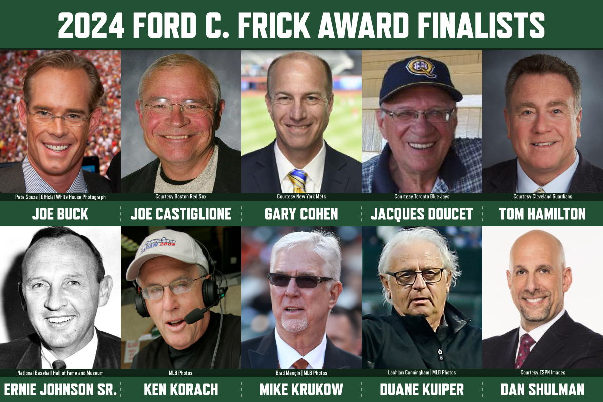 Ten of the National Pastime's most beloved voices have been named finalists for the Hall of Fame's 2024 Ford C. Frick Award. Read more: baseballhall.org/frickaward2024