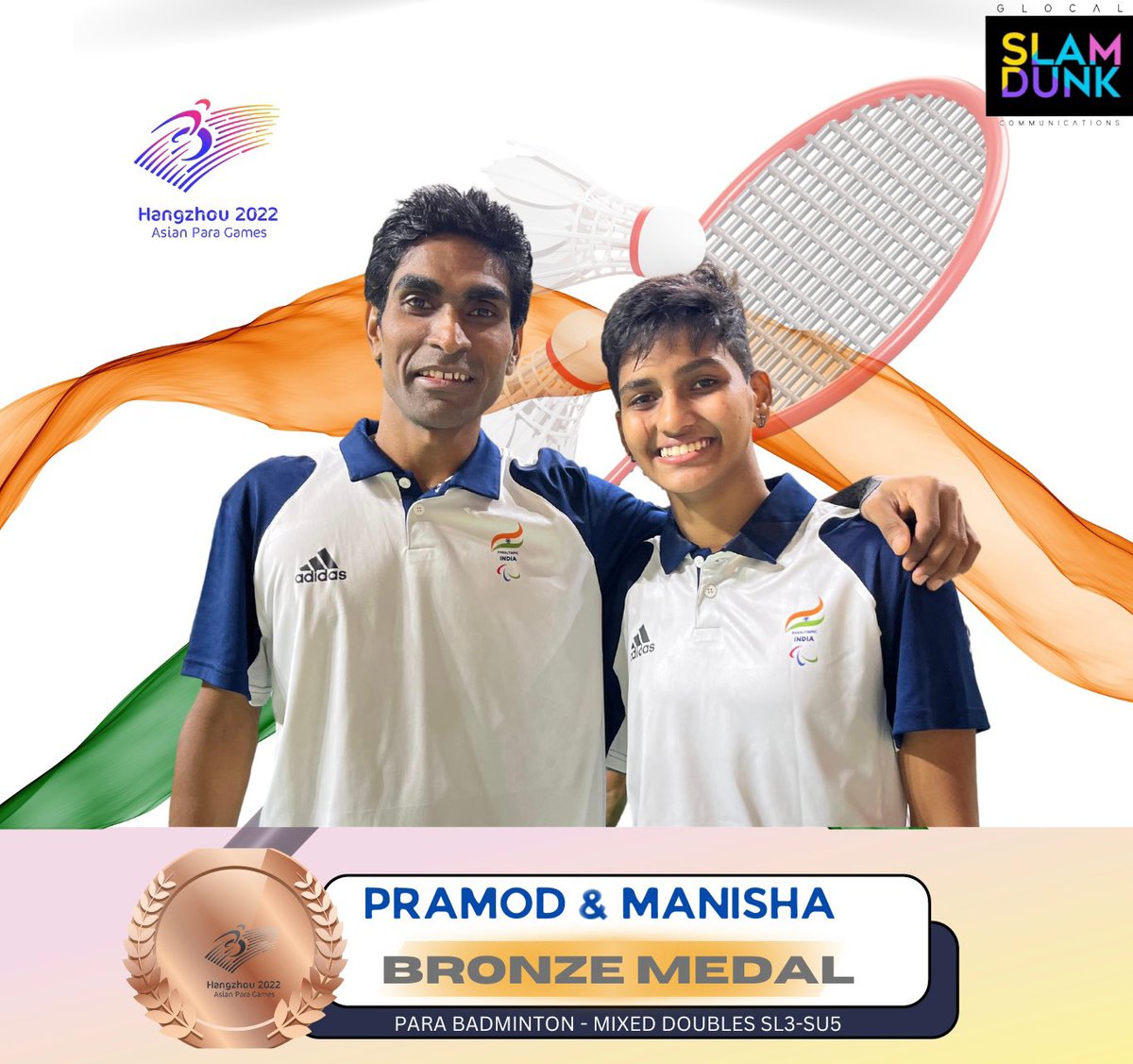 Congratulations <a href="/PramodBhagat83/">Pramod Bhagat</a> and #ManishaRamdass for securing #Bronze at the ongoing #AsianParaGames in the mixed doubles category.. #AsianParaGames2022 #Badminton #ParaBadminton