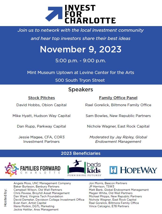 Invest for Charlotte is back on Nov 9th! Last year, we raised over $100 K for charities focused on kids and families in the Charlotte area. We have another great group of speakers and only a handful of tickets left - to join, click here: lnkd.in/gtRitwqR