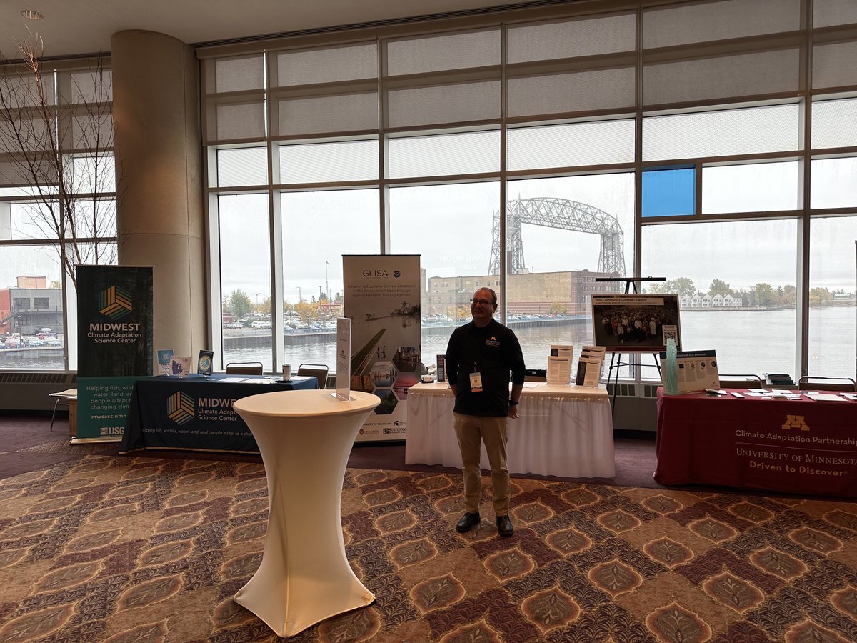 We are ready to talk adaptation! 
In Duluth #MCRC2023 ⁦<a href="/mw_casc/">Midwest Climate Adaptation Science Center</a>⁩ booth, with ⁦<a href="/GreatLakesGLISA/">GLISA</a>⁩ and MN Climate Adaptation Partnership. (Thx for posing Nate Meyer!)