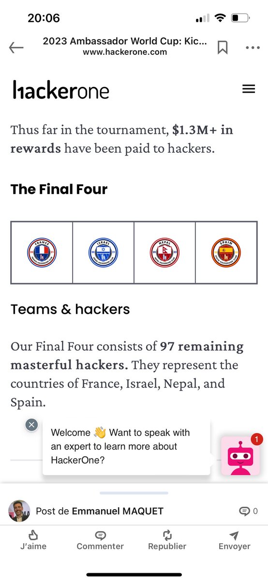 Fier de toi <a href="/0xH4rmony/">Arthur MAQUET</a> …. 
Dans quelques jours tu partiras à #buenosaires pour représenter la #France 🇫🇷 pour la 3e place du #championnatdumonde des Hackers éthiques  face au #Népal 🤩🤩🤩

Force à vous et ramenez la coupe à la maison !!!!💪💪💪 hackerone.com/lhe/awc-final-…