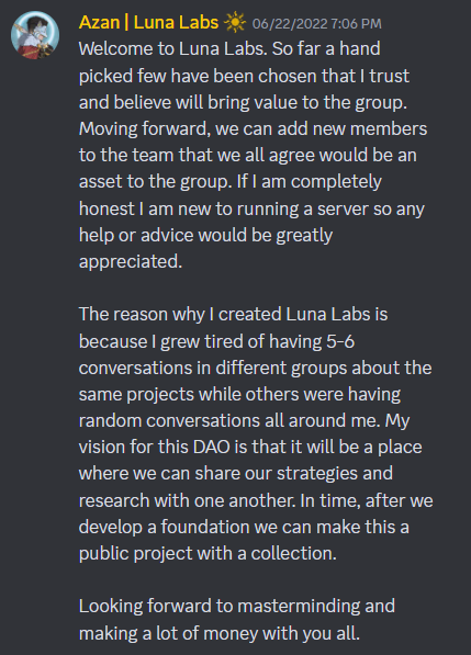 AzanBTC's tweet photo. The @LunaLabsVC Inner Circle finally hit 100 members today after being founded 16 months ago, after going through 2000 + applications. 

The Inner Circle will never have a collection. To keep your spot you have to contribute and stay active, it doesn't matter who you are.

Below is a screenshot, from when we were founded 16 months ago.