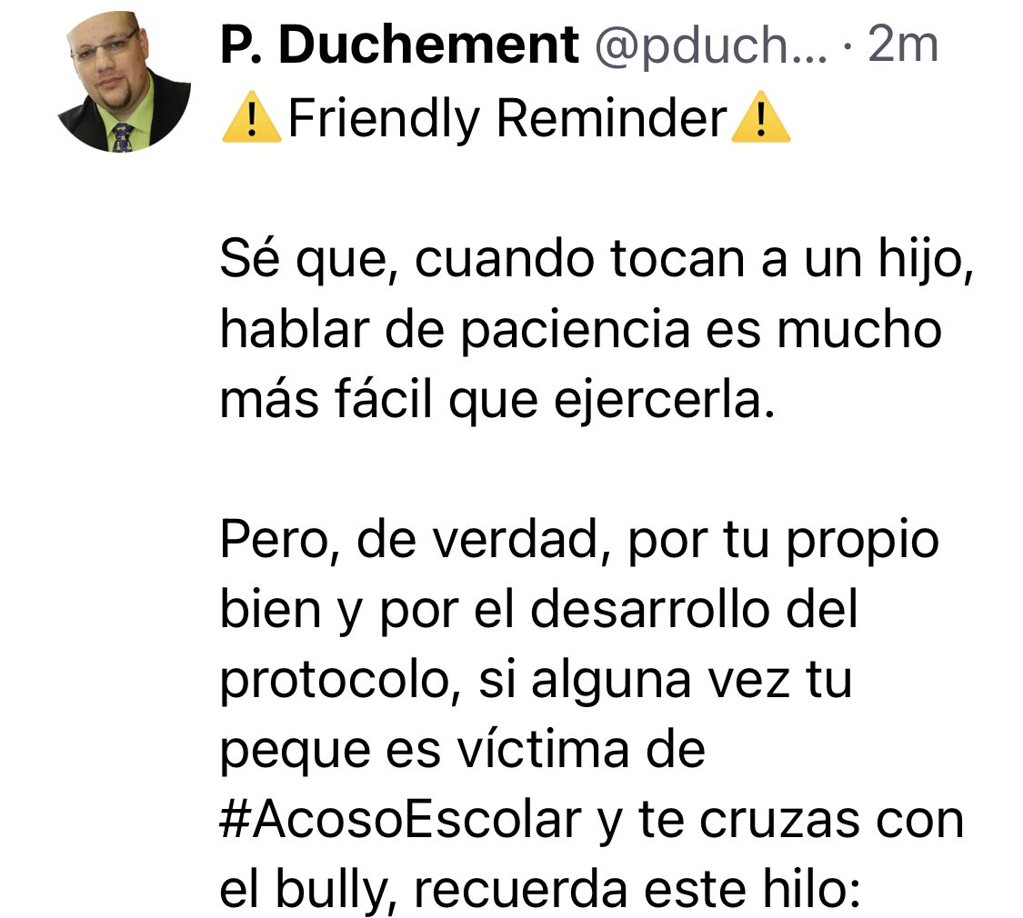 Mi primer hilo “Friendly Reminder” en la red que no me censura (la de los cielos muy azules).

Va sobre qué errores no debes cometer si te cruzas con el ac0sad0r escolar de tu hijo.

Lamento que no podáis leerlo en esta plataforma: No se me permite escribir hilos.